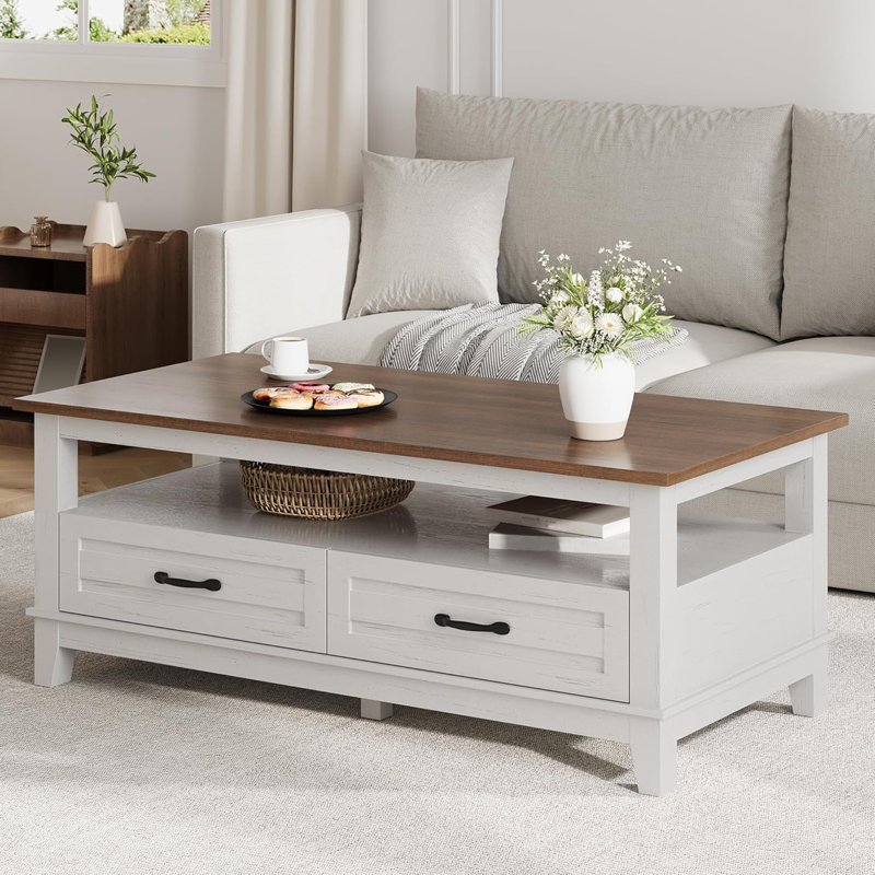 Table basse rustique 47,2 po avec 2 tiroirs et tablette ouverte, finition brun blanc, 6 pieds de support pour le rangement du salon