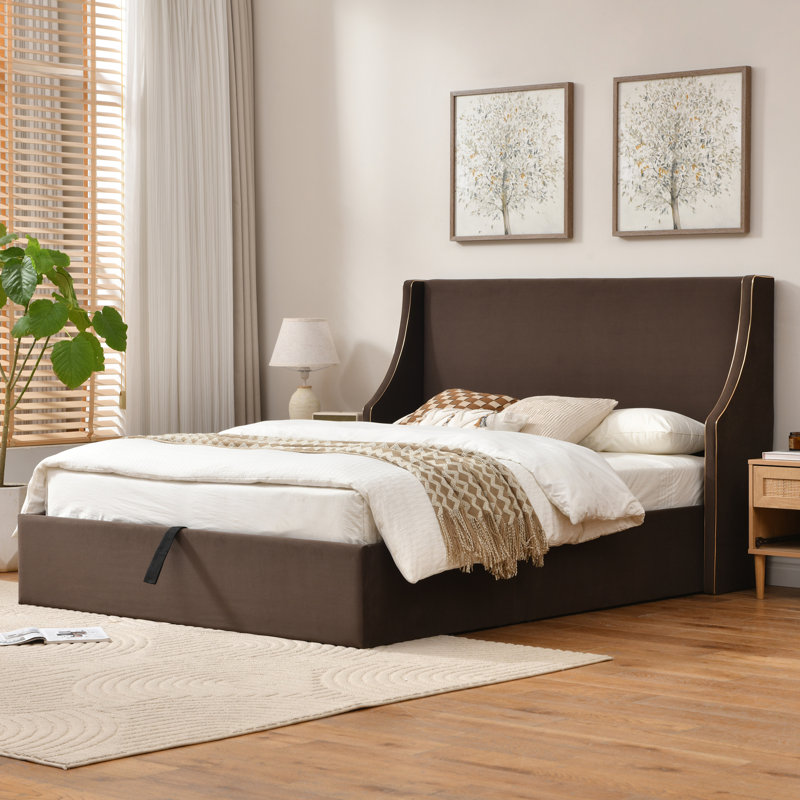 Lit plateforme tapissier avec rangement Linvel, Très grand, Velours brun