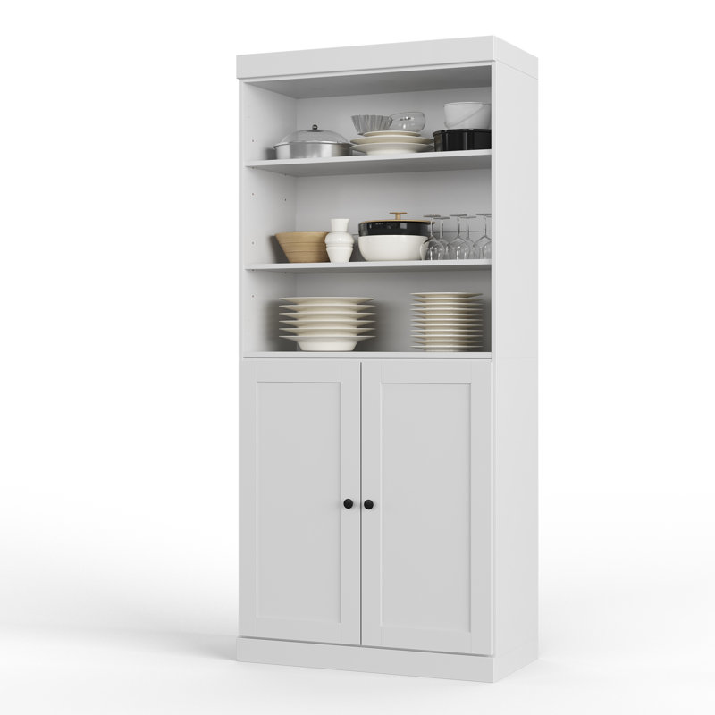 Armoire de cuisine 100% en bois massif, grand rangement modulaire autoportant avec tablettes ouvertes et portes Shaker, tablettes réglables, l 32 po x H 71,5 po