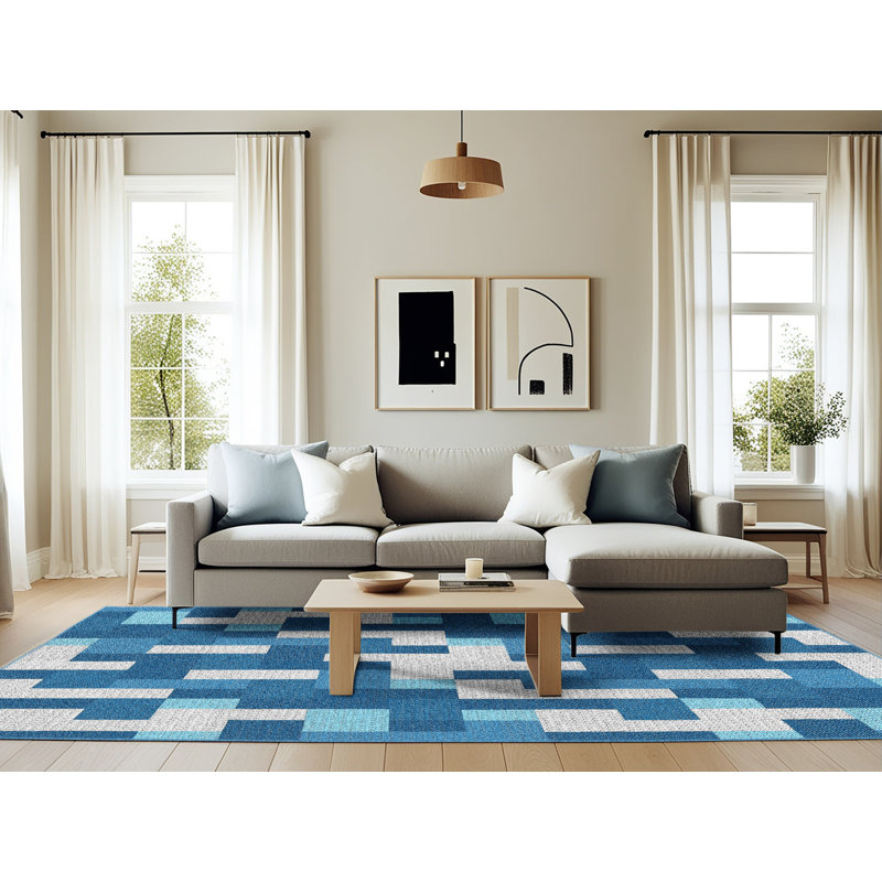 Tapis bleu/bleu/blanc à motifs, Rectangle 6 pi x 9 pi