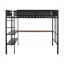 Structure de lit mezzanine pleine grandeur en acier noir avec bureau intégré et tablettes, conçue pour les petites chambres et les espaces de travail à la maison