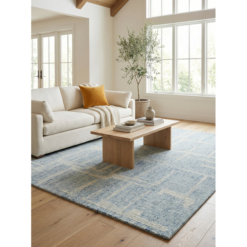 Breckenridge Hand Tufted Wool Abstract Area Rug in Blue/Ivory, Rectangle 10' x 14'