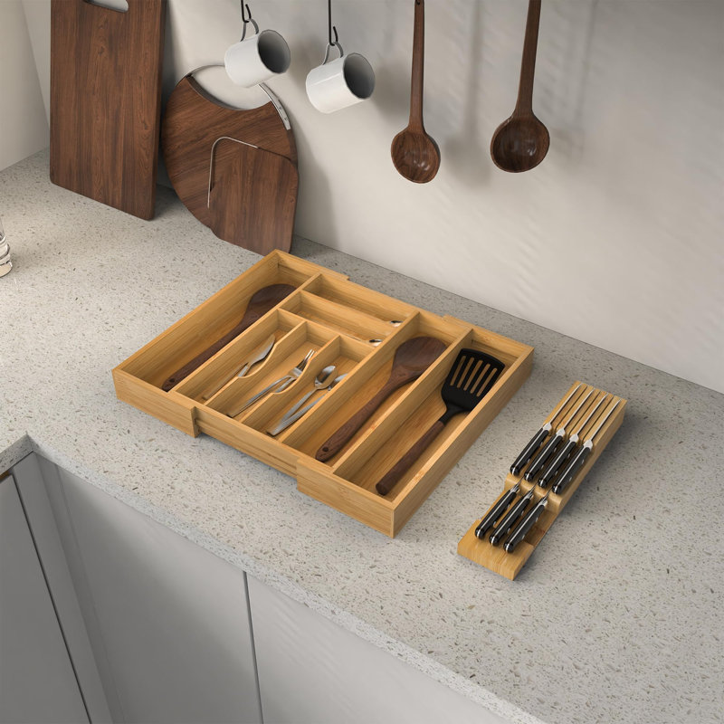 Organisateur de tiroir de cuisine en bambou, organisateur d'ustensiles extensible avec porte-couteaux amovible, support de plateau à couverts avec séparateur, organisateur de couverts ajustable, rangement pour séparateurs de vaisselle en bois