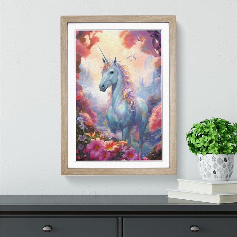 Unicorn Tachisme - Single Picture Frame Print on Wood, Oak Framed, 64cm H x 46cm W