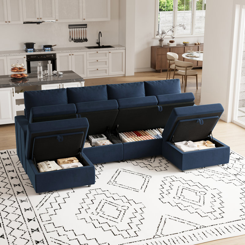 Canapé modulaire rembourré avec rangement Rafael, Velours bleu