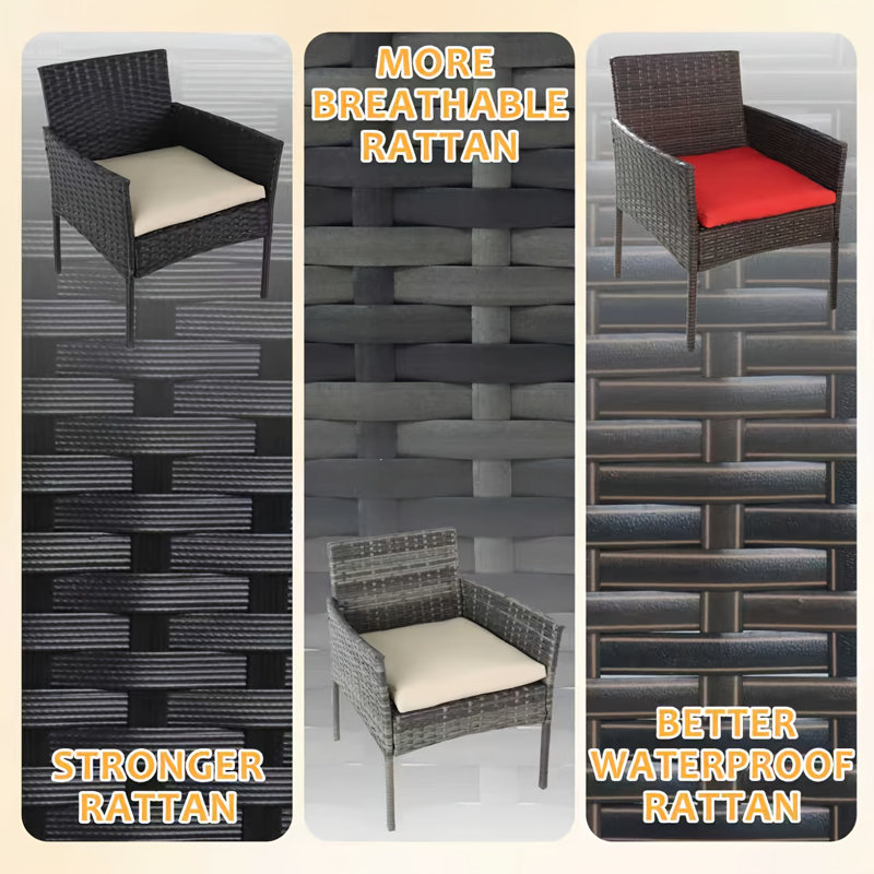 3-Piece Rattan Patio Set With 2 Armchairs, Soft Waterproof Cushions & Tempered Glass Coffee Table (Black-Beige), Black