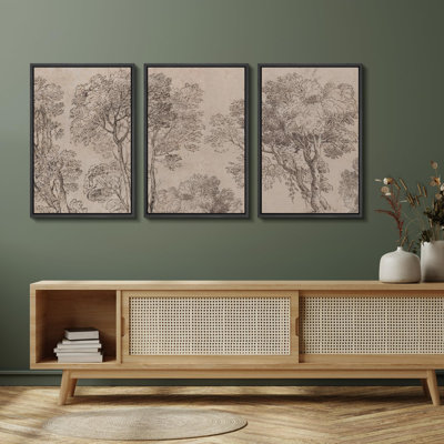 Forest Landscape " Monochromatic Tree Line Detailed Branches And Foliage Sketch " 3 - Pieces