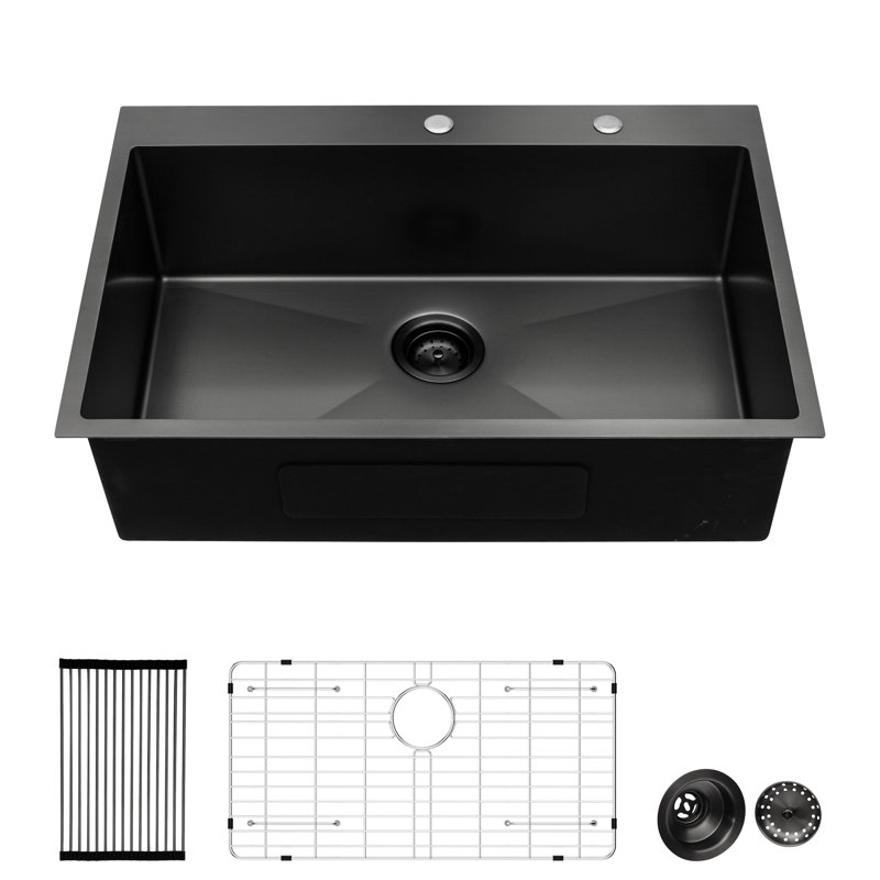 Gunmetal Black Stainless Steel Sink 28X22 - 16 Gauge Single Bowl To Wear Efficient Water Flow Topmount Resists Dents Fast Drainage