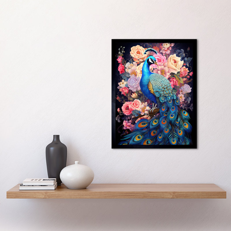 Elegant Peacock With Rose Flower Blooms - Single Picture Frame Print