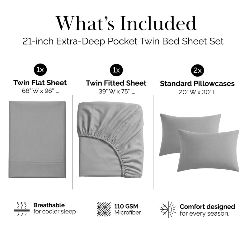 Southshore Fine Linens Vilano Springs Extra Deep Pocket 4-Piece Sheet Set, Ultra Soft Double-Brushed 110 GSM Microfiber Bedding, 21-Inch Deep Pocket, 2 Pillowcases, Twin, Steel Grey