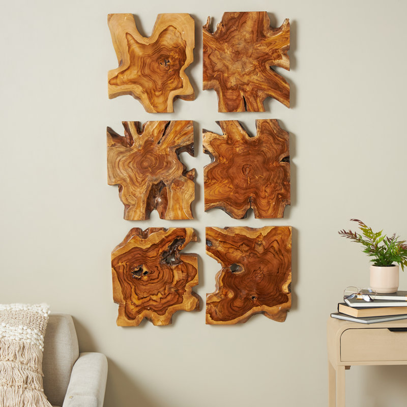 Arlo Teak Wood Handmade Live Edge Wood Slab Abstract Brown Wall Decor Set