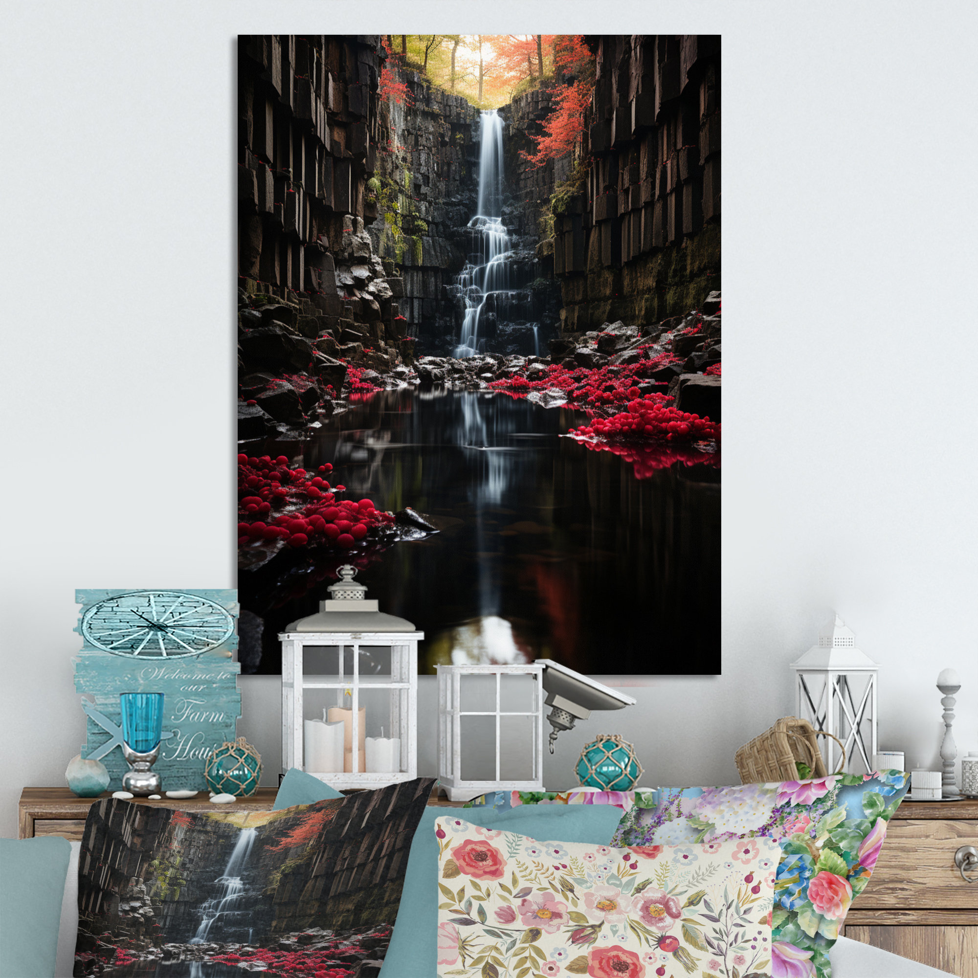 Winston Porter Grey And Red Waterfall Of Eternity III - Landscapes ...