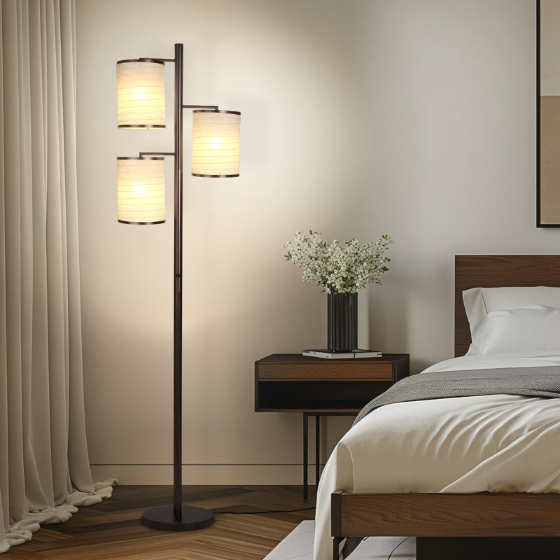 Liam 74 in. Mid-Century Modern 3-Light LED Floor Lamp with Fabric Drum Shades, Black