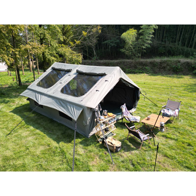 9.8 X13ft  Inflatable Camping Tents With Hand Pump, Air Glamping Tents, Easy Setup Waterproof And Windproof Blow Up Tent, 4 Seasons Oxford Cabin Tent With Mesh & Chimney Window