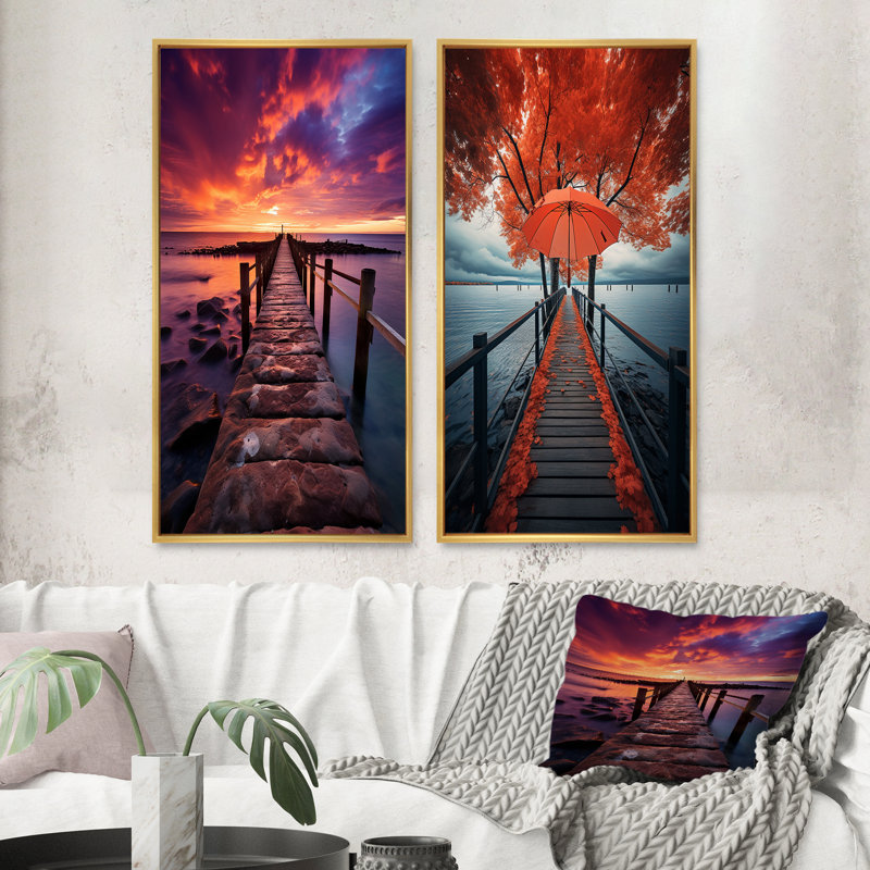 «Pier Twilight Retreat», 2 pièces sur toile, Encadrement doré, H 24 po x l 20 po