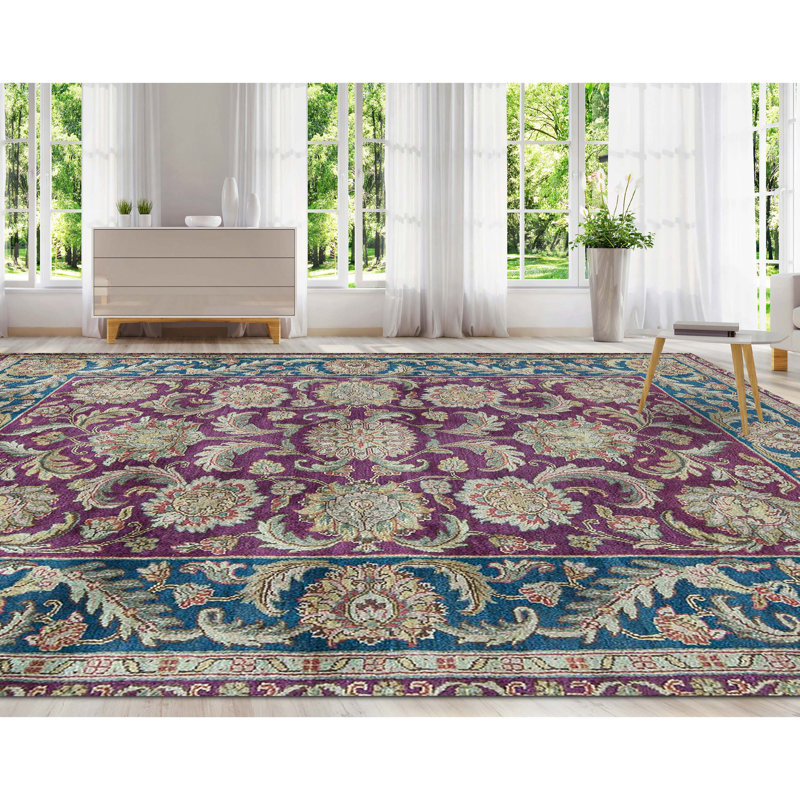 Tapis rouge et bleu noué à la main de haute qualité