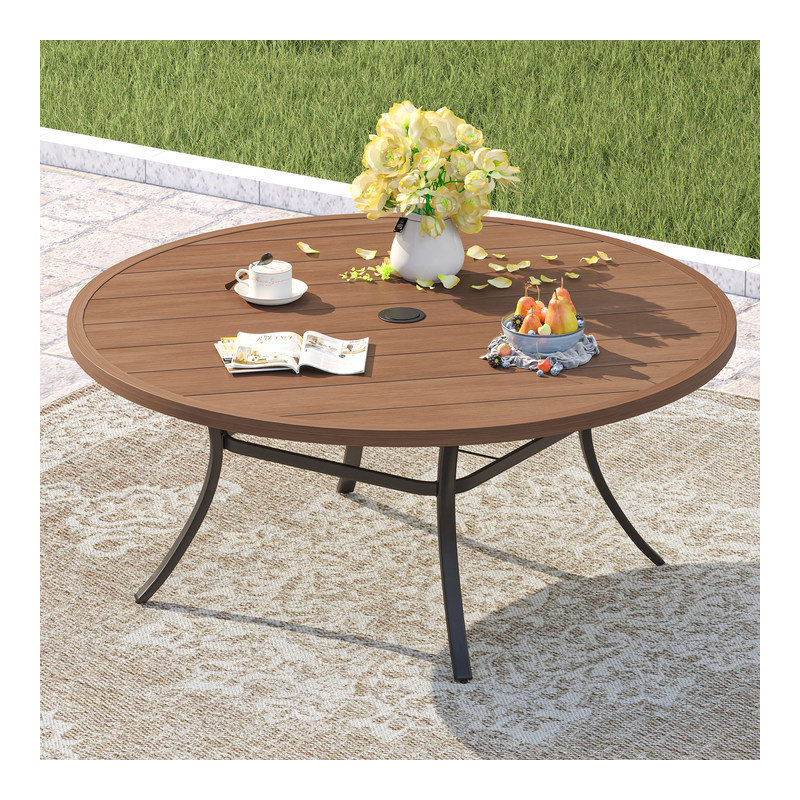 Patio Metal 60 L x 60 W Outdoor Round Dining Table, Brush Wood Brown/Black