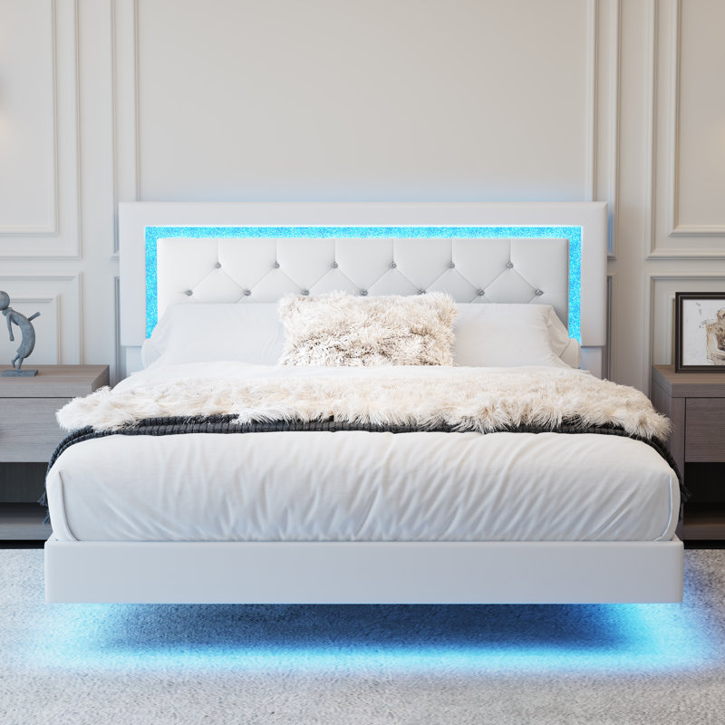 Cadre de lit grand avec tête de lit, cadre de lit flottant grand avec lumières DEL, lit plateforme tapissier avec tête de lit capitonnée à motif de losanges, aucun sommier requis, beige
