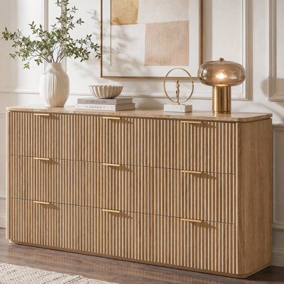 Commode cannelée l 63 po à 9 tiroirs, commode en bois à panneaux épais de 1,97 po avec plateau en faux marbre et base robuste, chêne
