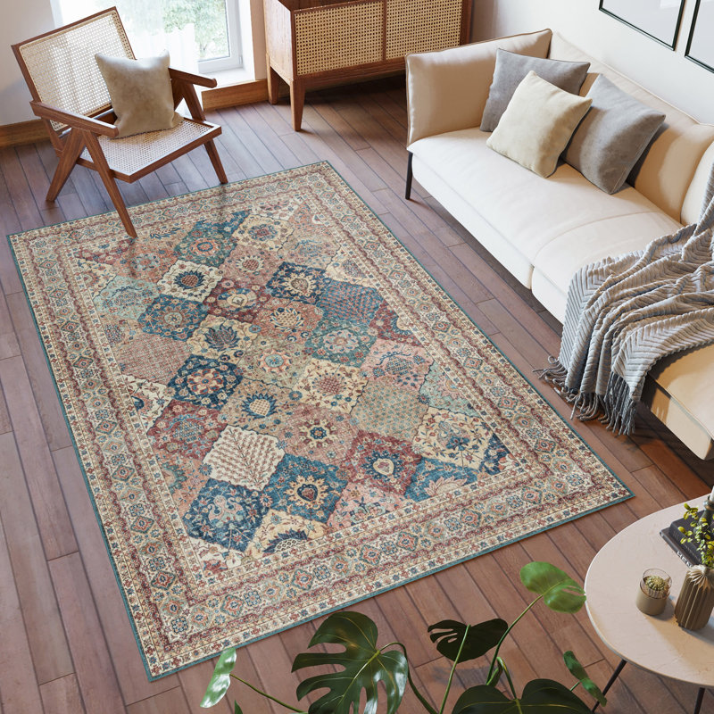 Cinzia Red and Blue Patchwork Washable Synthetic Area Rug 8' x 10'
