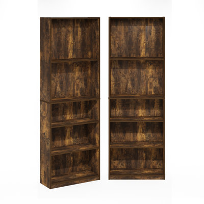 Furinno JAYA Book Shelf Set of 2, 5-Tier Bookshelf, Bookcase, with Adjustable Shelf, 9.5 x 24.5 x 71, for Home Office, Living Room, Amber Pine
