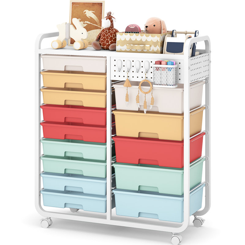 Metal Organizers Utility Cart,Rolling Cart with Wheels，Rolling Storage Cart with 14 Large Drawers, Utility Cart with Tabletop & DIY Pegboard