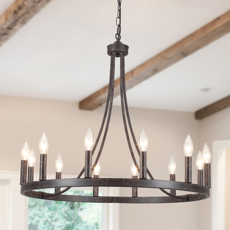 Hendon 12- Light Large Farmhouse Wagon Wheel Chandelier Candle Style Rustic Round Lights Fixture for Kitchen Island Living Room Foyer Entryway