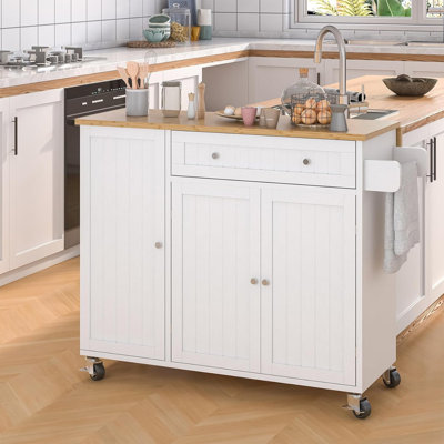 Kitchen Island with Drop Leaf, Island Table on Wheels, Modern Sideboard Buffet with Doors and Storage Pantry Door by Lark Manor