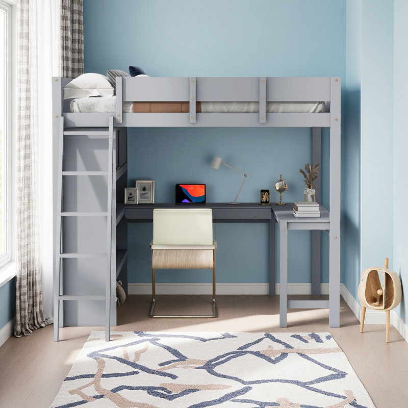 Lit mezzanine double avec bureau et tablette, Gris