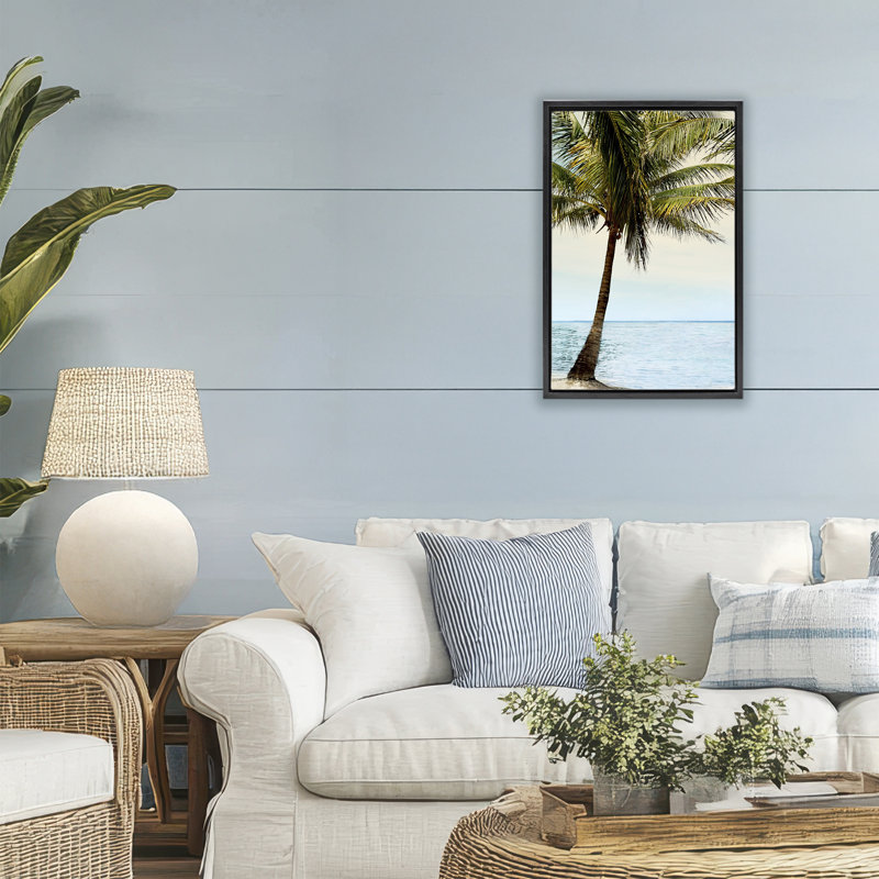 Honduras Coast Palm Tree Floating Frame, design by Natalie Carpentieri, Jet Black Floater Frame, 25" H x 17" W