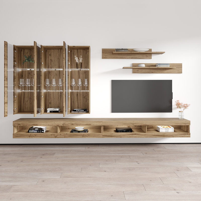 Flye 126" Modern Floating Wall Mounted Entertainment Center with 16-Color LED Lighting, High Gloss Finish, Oak