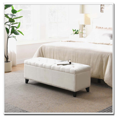 Linen Button-Tufted  Storage Bench