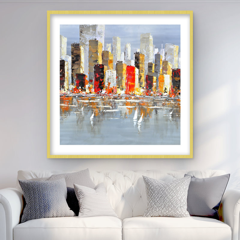Colourful Buildings with Water Reflection - Grey Framed Print, 36" H x 36" W