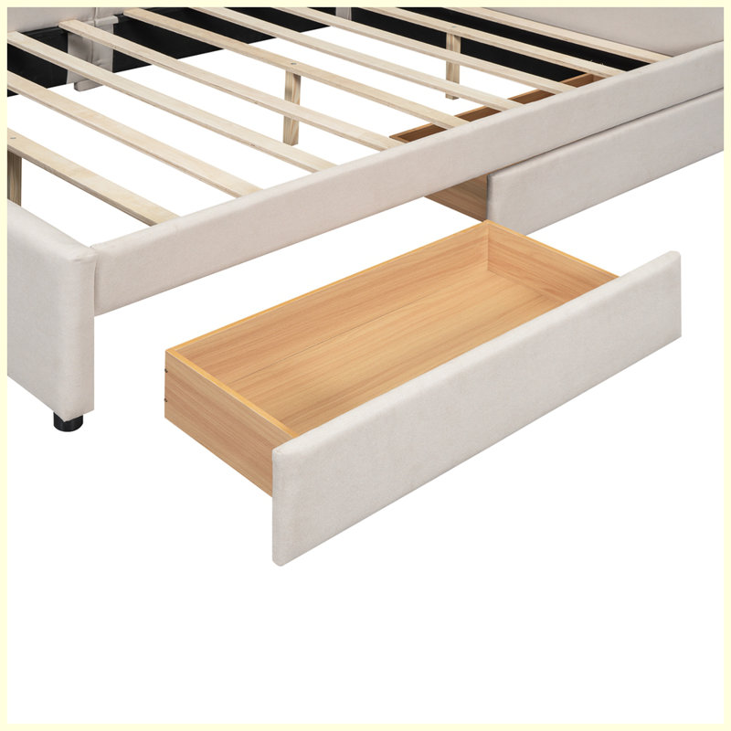 Lit plateforme tapissier avec port USB et 2 tiroirs, beige, Grand