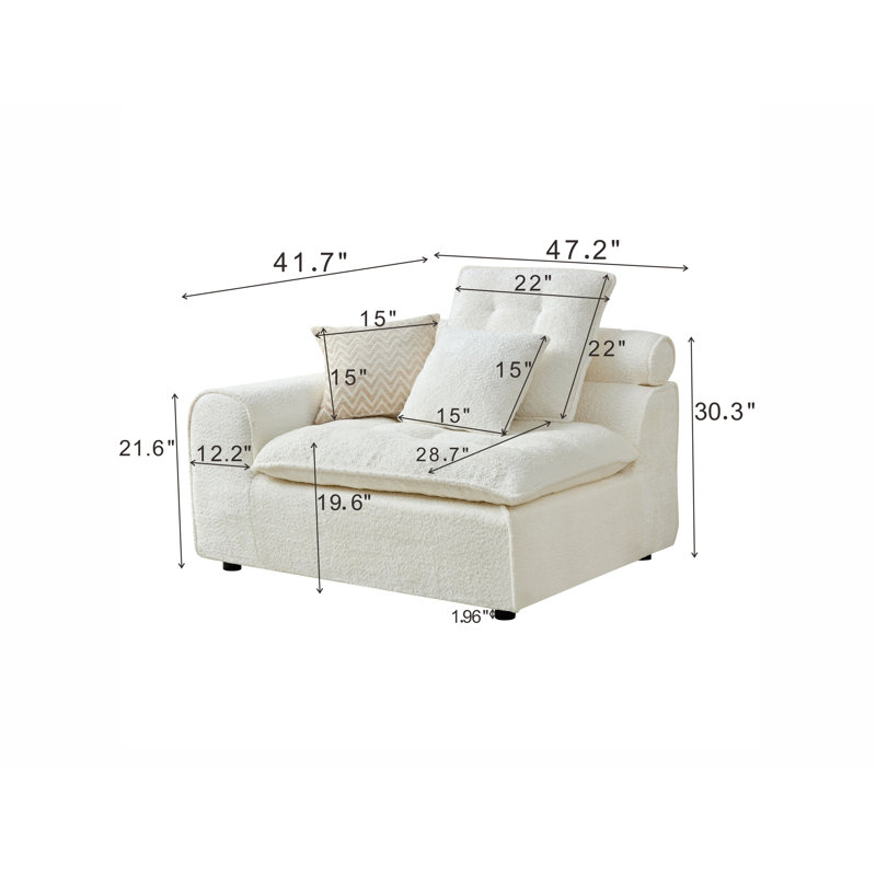 Seat with Left Arm, White Boucle, 30" H  47" W x 41" D, White