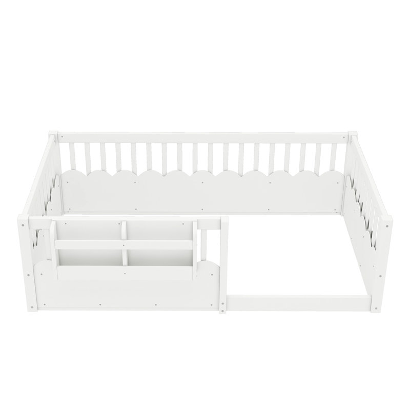 Lit simple avec clôture surélevée et bibliothèque, lit en bois pour enfants, blanc., Blanc