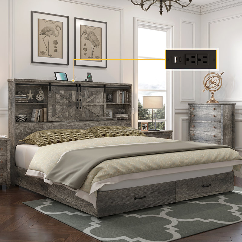 King Brown Wood Platform Bed Frame with Bookcase Headboard and Storage