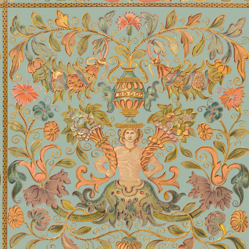 Renascimento Floral Wallpaper Roll, Green/Blue/Gold