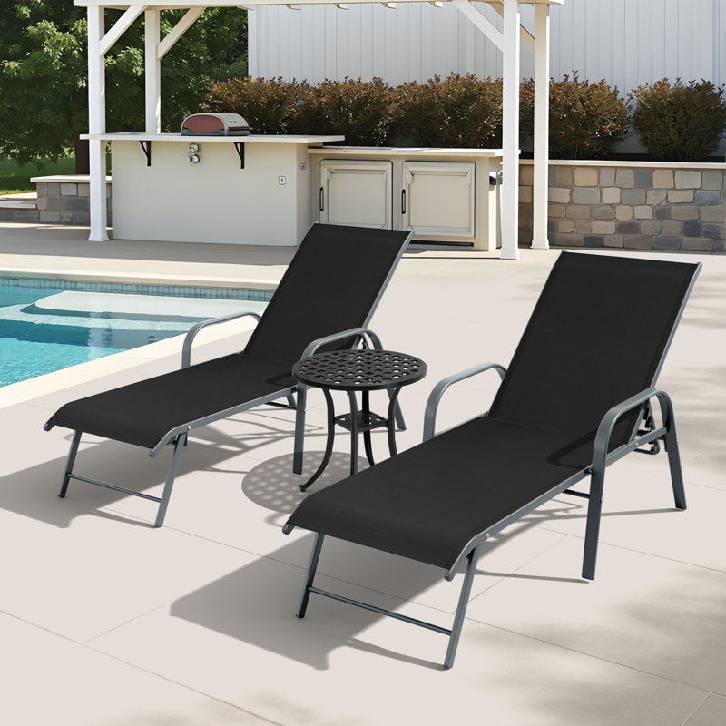 Aluminum Outdoor Chaise Lounge with Round Table, Black