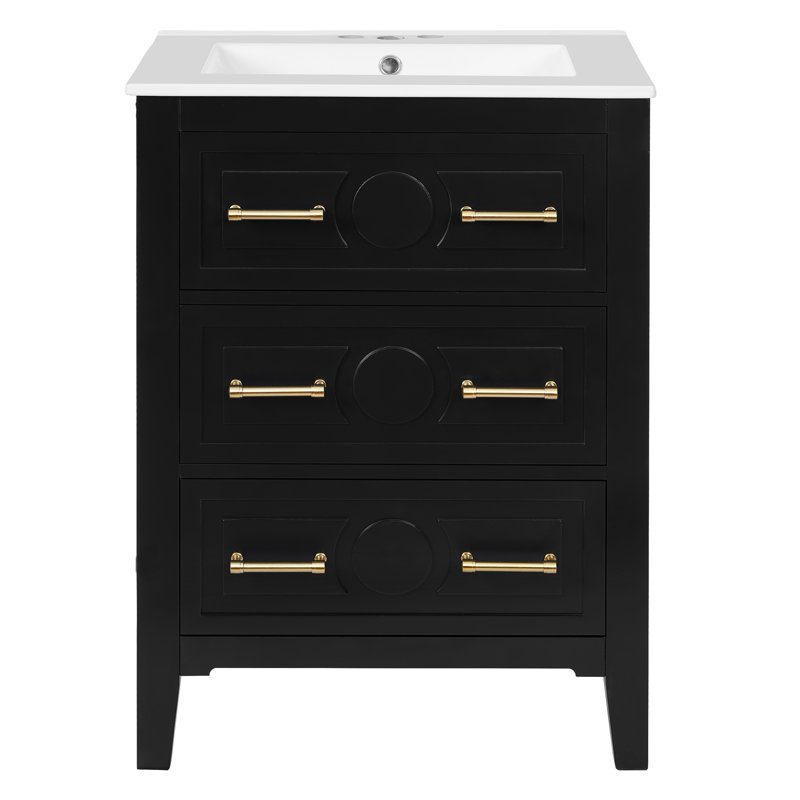 Meuble-lavabo simple de style rétro de 61 cm (24 pouces) avec lavabo en céramique et meuble en bois massif noir.