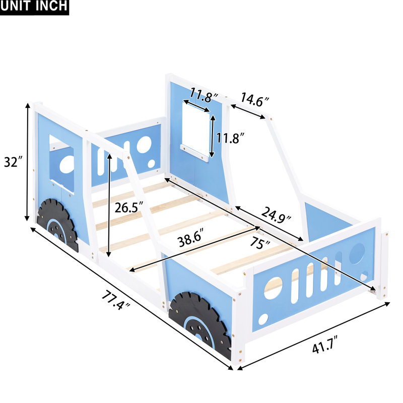 Blue Twin Size Platform Bed With Car-Shaped Design And Wheels - Pine Wood & For A Cozy Bedroom Vibe Build Enlightening, Blue