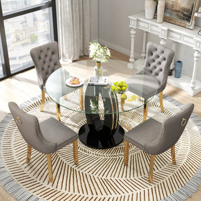 High Gloss Round Dining Table Set with 4 Velvet Dining Chairs