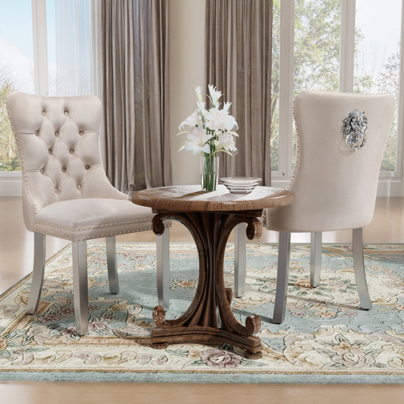 Modern Metal Nailhead Trim Velvet Dining Chairs (Set of 2), Beige