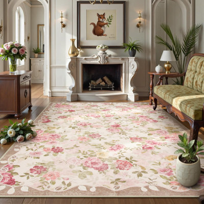  Kaldi Floral Washable Vintage Soft Non Slp Pink 6X9 Area Rugs for Living Room Bedroom Dining Room Low Pile Ultra-Thin Boho Carpet
