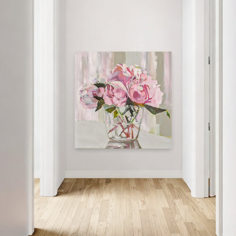 Art contemporain de pivoines abstraites avec fleurs roses, 48" H x 48" W