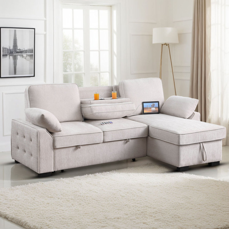 Aurora 91.5 " Reversible Chenille Upholstered Sleeper Sofa Bed with Storage Chaise, Beige