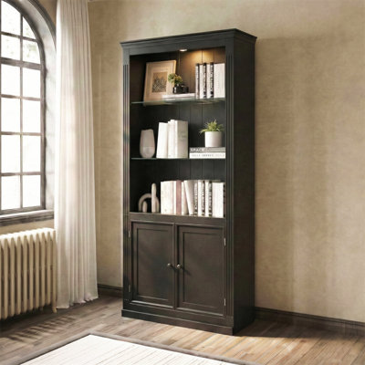 Étagère de présentation 78,75 po à 4 niveaux, avec plafonnier à intensité variable 5 couleurs, bibliothèques de ferme autoportantes avec rangement et portes, bibliothèque avec tablettes en verre réglables pour la maison et le bureau