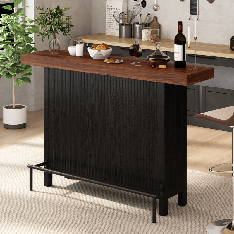 2-Tier 63'' Home Bar Table With Footrest Fluted Design Mini Coffee Bar Cabinet Kitchen Pub Bistro Dining Room, Black/Brown