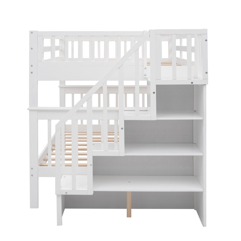 Lit superposé pour escalier avec rangement et garde-corps blanc pour chambre à coucher, pin, tablettes, lit sans ressorts, chambre à coucher, structure solide, escalier sécuritaire, conception séparable