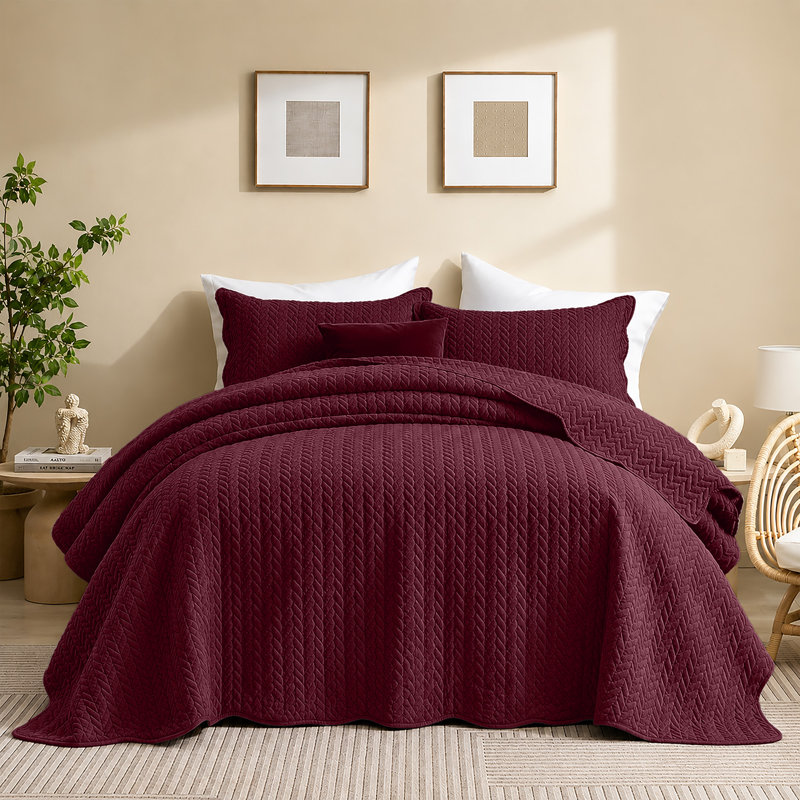 Microfiber Embossed Oversized Modern & Contemporary Bedspread Set With Shams, King Bedspread + 2 Pillowcases, Burgundy